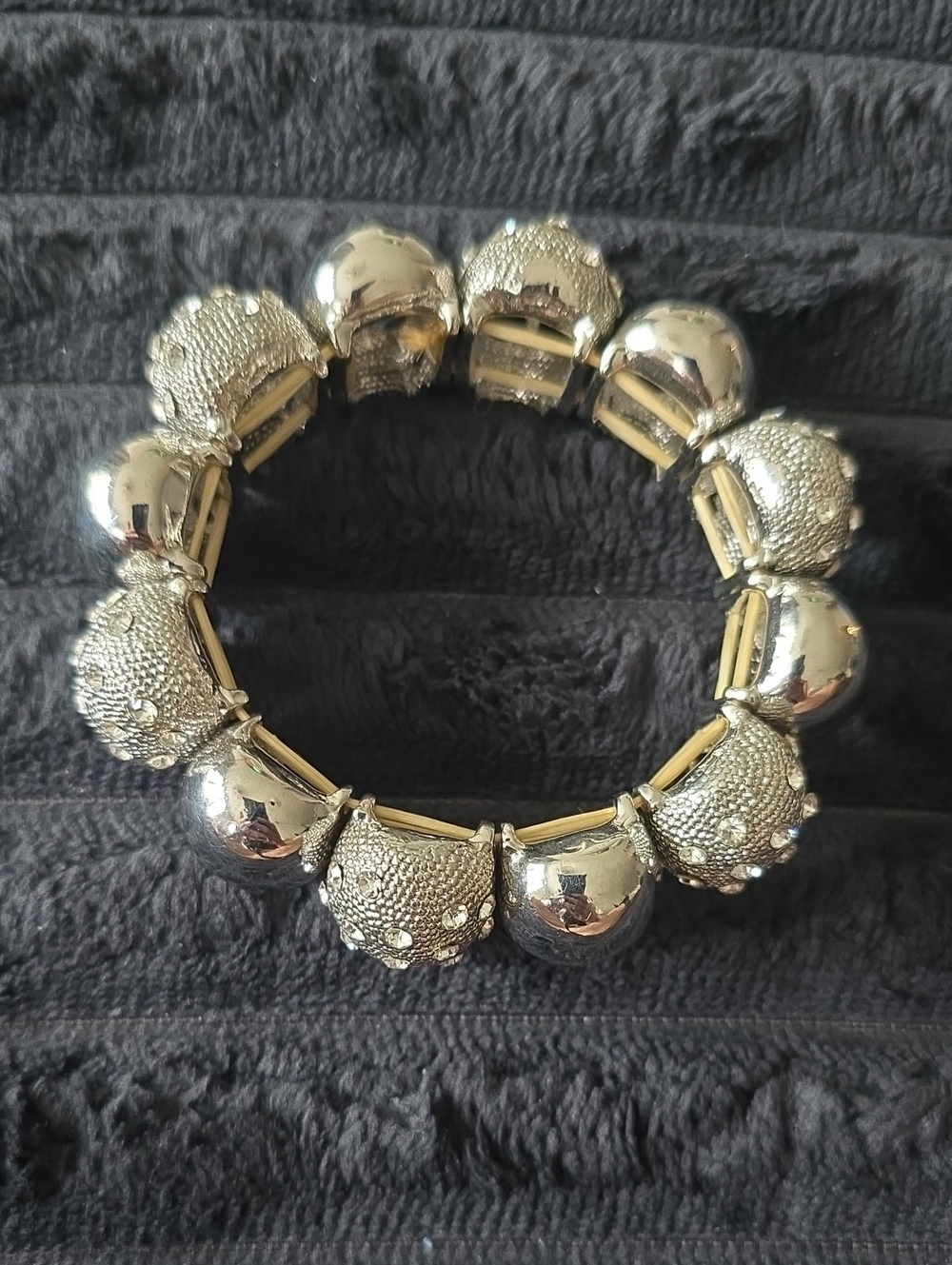 Textured Silver-Tone Elastic Bead Bracelet